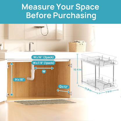 Vtopmart 4 Pack Bathroom Organizer, 2 Tier Clear Under Sink Organizers Vanity Countertop Storage Container,Cabinet Drawers Bins, Pull-Out Organization with Track for Pantry, Kitchen