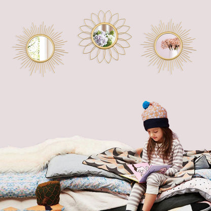 3 Pack Metal Mirrors for Wall Sunburst Wall Mirrors Home Décor Decorative Hanging Wall Art for Living Room Bedroom Entryway (Gold, Flower+Sunburst)