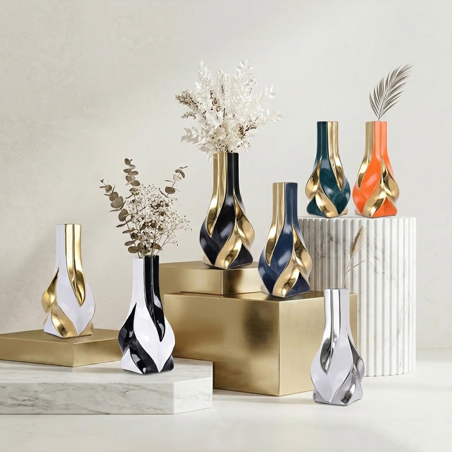 10.6" White and Gold Ceramic Vase, Modern Geometric Flower Vase for Dining Table Centerpiece, Elegant Decorative Vase for Pampas Grass, Living Room, Bedroom, Office, Tabletop Decoration