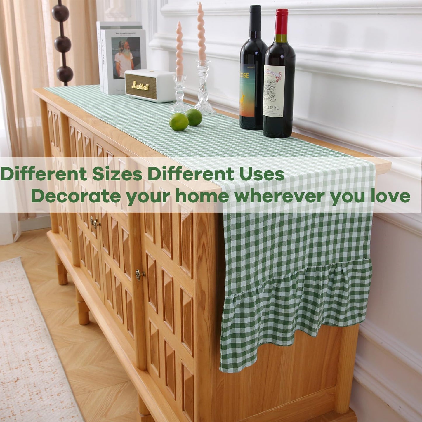 Christmas Green White Plaid Gingham Ruffle Table Runner 120 inches Long Christmas 100% Washed Cotton Decorative Farmhouse Cabinet Cover (Green, 120"x13")