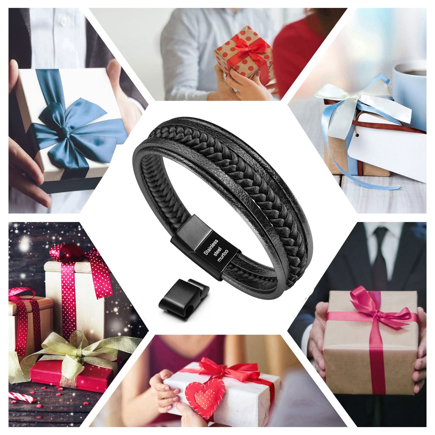 Murtoo Mens Unisex Cuff Bracelet - Black Leather Multi-Layer Magnetic Clasp Rope Wristband (Black, 7.5'')