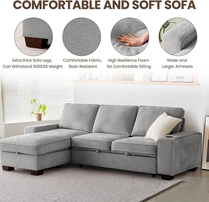 99" Convertible Sleeper Sofa Bed, L Shaped