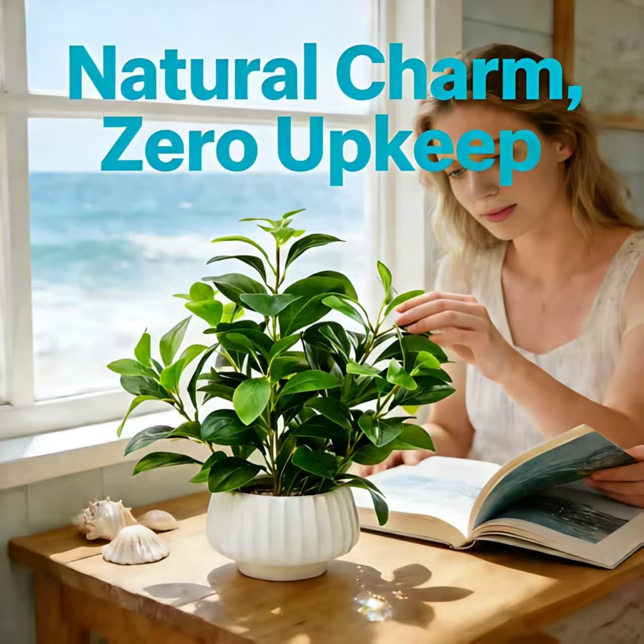 Ewtogift Artificial Peperomia Plant 16.5” Tall Lifelike Faux Greenery in 6” White Ribbed Ceramic Pot Realistic Indoor Fake Branches for Home Office Desk Shelf Bathroom Bedroom Farmhouse Decor