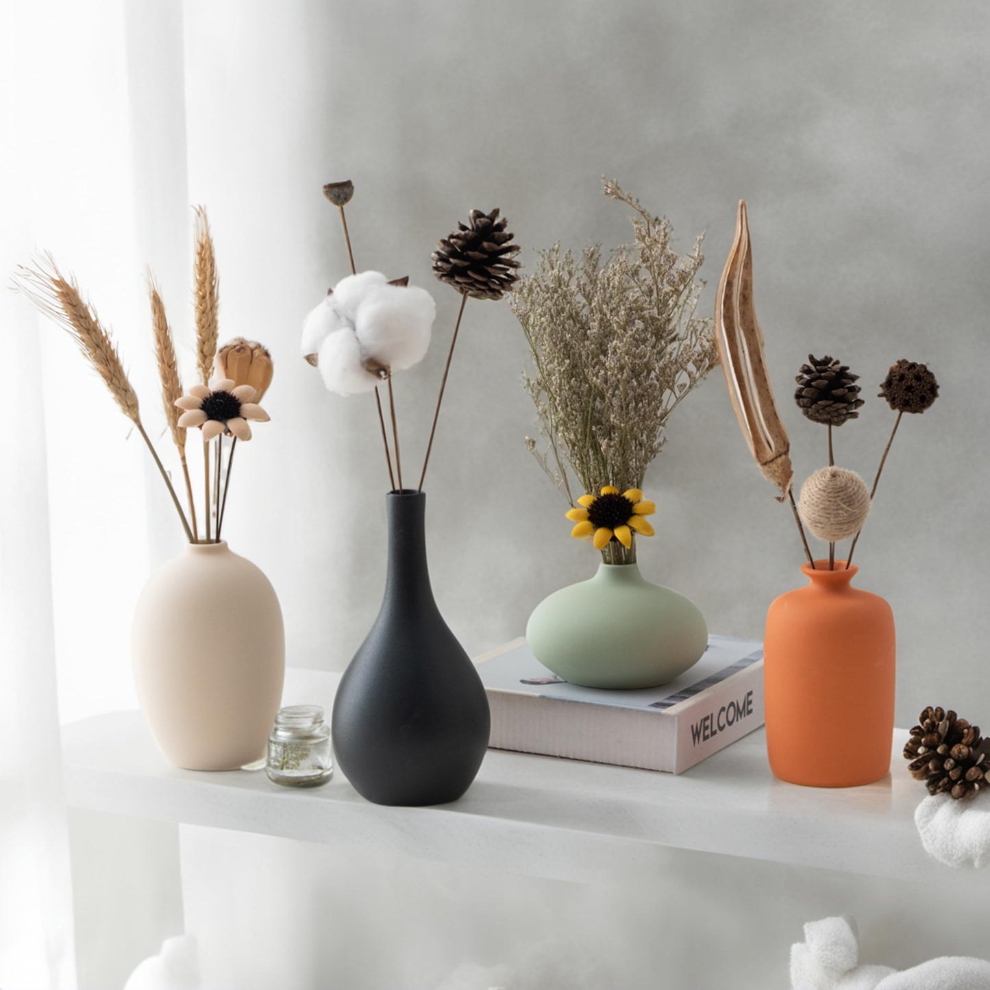 YAOBAOX Ceramic Vase Set of 4 with Dried Flowers Round Matte