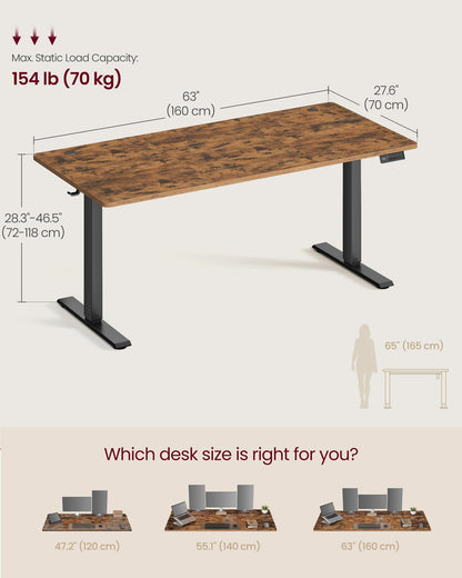 VASAGLE Electric Standing Desk, Stand Up Desk, 4 Memory Heights, Sedentary Reminder, for Home Office, 63 x 27.6 Inches, Rustic Brown ULSD316KD02S
