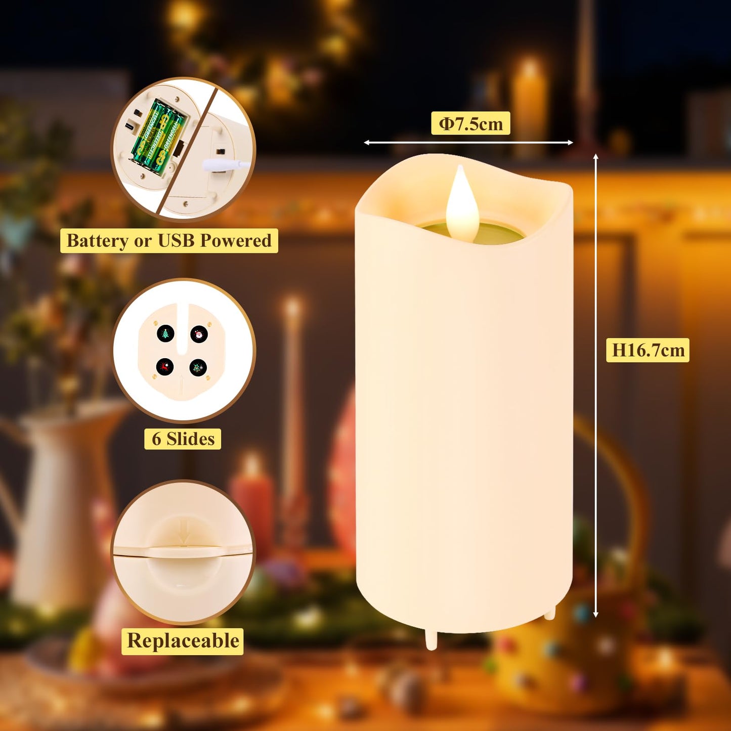 IMAGE Flameless Candles Light, Night Light with Projector, Battery/USB-C LED Candle Indoor Light Gift for Christmas Halloween Birthday Wedding Easter Home Decor, 6 Slides, Remote & Timer