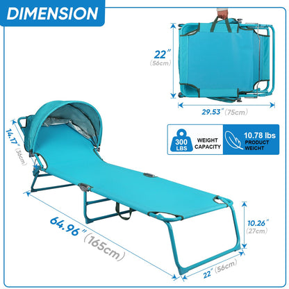 Northroad 2 Pack Outdoor Lounge Chair, Tanning Chair with Sunshade Roof, Adjustable Backrest Folding Chaise Lounge, Reclining Beach Bed for Beach, Camping, Hiking -Blue