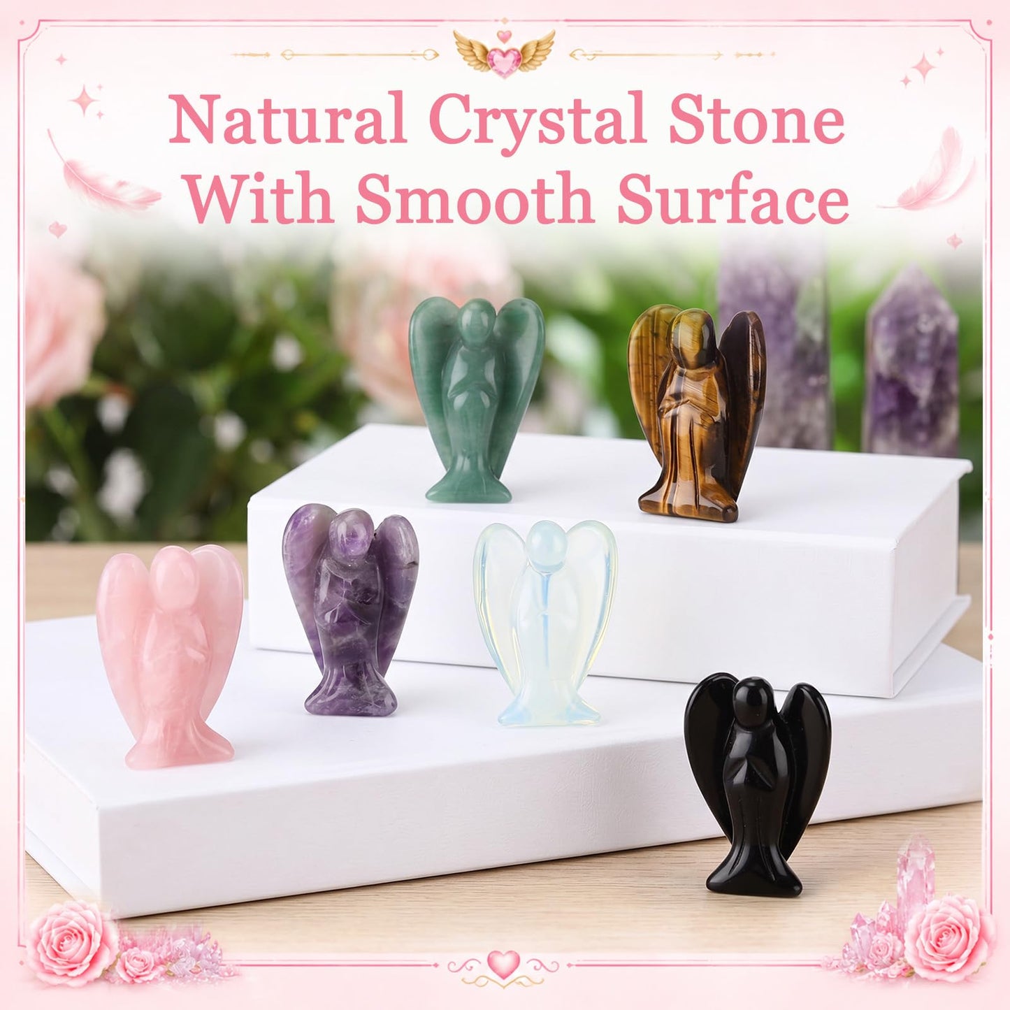 Hicarer 6 Pcs Small Crystal Angel Figurines Mini Guardian Statue Natural Gemstone Carved Pocket Crystal Figurines Stones Decor Gift Love Peace Healing (2 Inch,Multi Color)