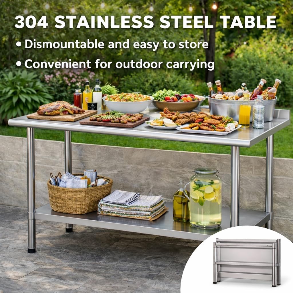 CYGJYZOD Commercial Stainless Steel Prep Table, 2-Layer Heavy Duty Kitchen Countertop, 43x24x31.5 Inch, Adjustable Height, Silver