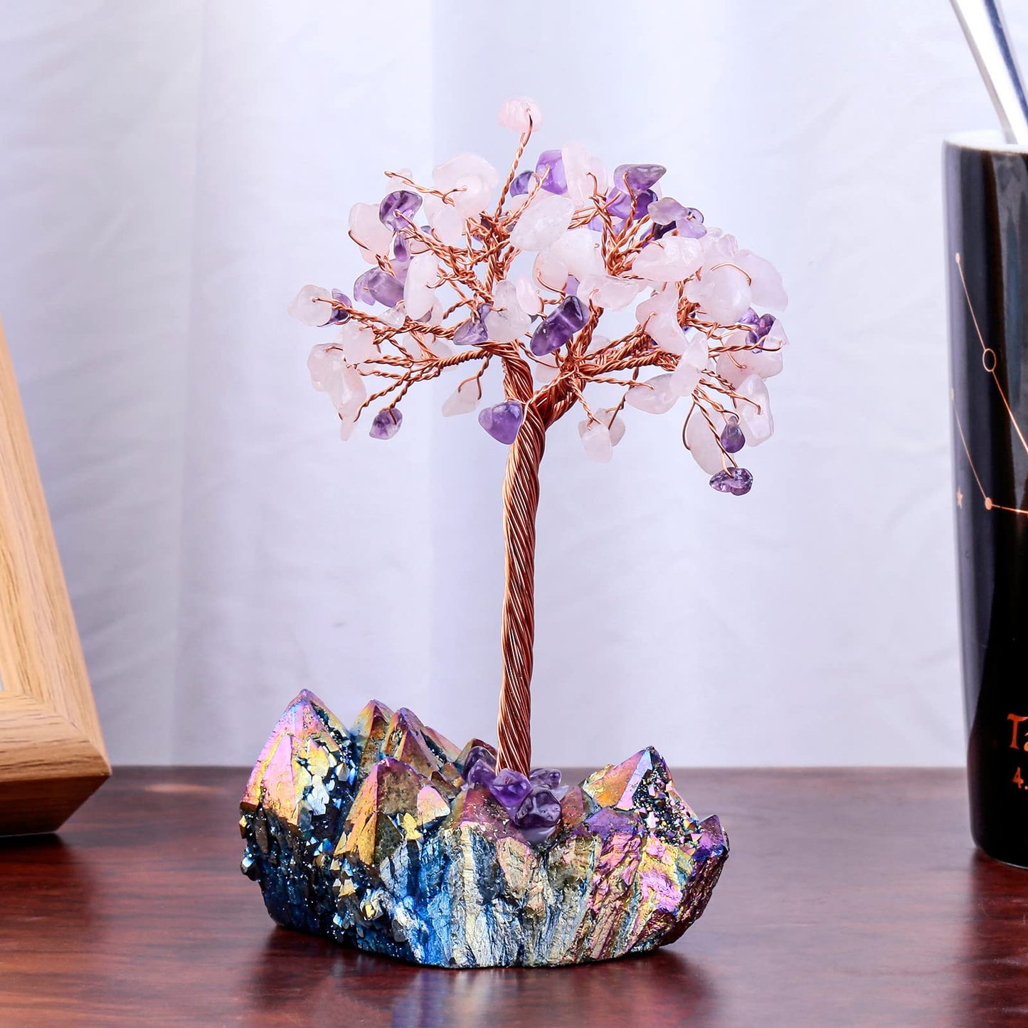 Rockcloud Crystal Money Tree Feng Shui Bonsai with Titanium Coated Crystal Quartz Base Decoration for Wealth and Luck, Amethyst & Rose Quartz