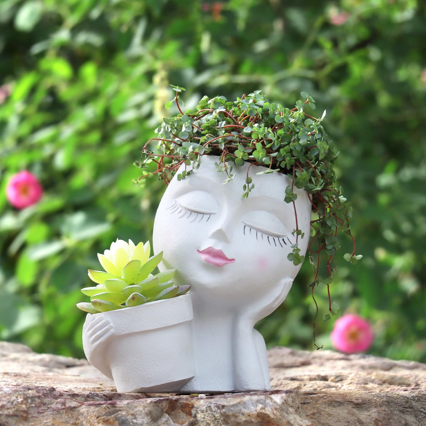 Face Planter Pot, 2-in-1 Resin Head Planter with Mini Pot, Cute Lady Flower Pots with Drainage for Indoor Outdoor Plants, Unique Succulent Cactus Planter, Ideal Gardening Gifts for Women Mom (White)
