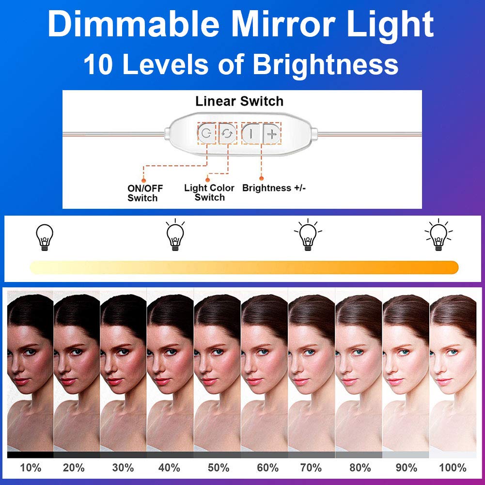 Hollywood Style Mirror Lights Kit DIY, LED Vanity Makeup Lamp 14 Globe Bulbs Dimmable Stick on to Mirror USB with 3 Light Colors & 10 Brightness Levels for Dressing Table Room, Bathroom, Bedroom