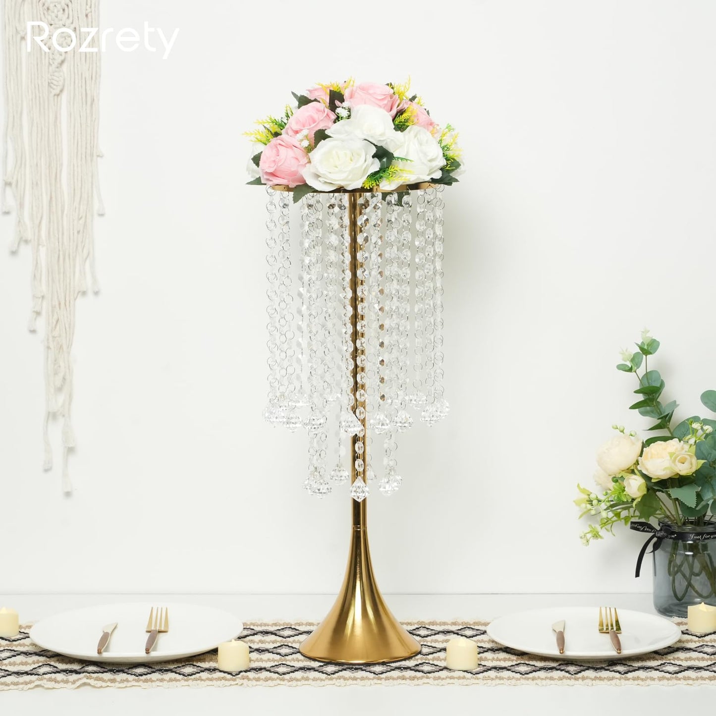 4 Pcs Gold Centerpieces for Table, Rozrety Wedding Centerpiece Vases for Tables 22inch Tall Metal Crystal Flower Stand for Party Event Wedding Anniversary Dinner Home Decorations