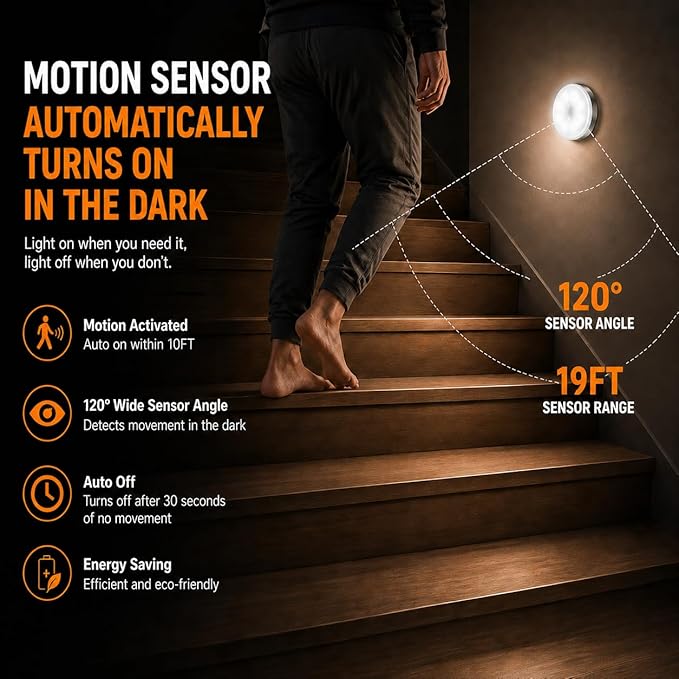 Motion Sensor Night Light Rechargeable, Magnetic Puck Lights, 3 Modes & Dimmable, Motion Sensor Stair Lights Indoor for Bedroom Bathroom Kitchen Hallway Cruise (White Light)