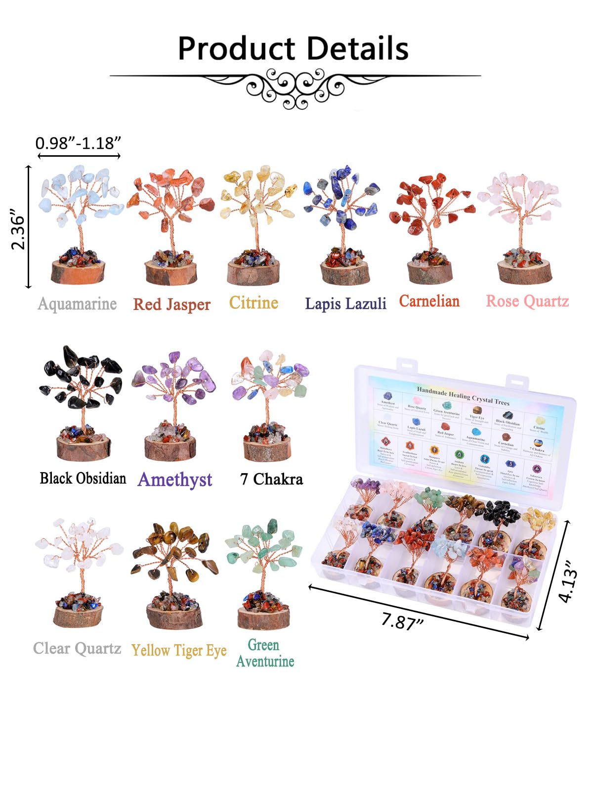 Jovivi 12pcs Chakra Crystal Tree Set, Tree of Life Gemstone Money Trees w/Wooden Base,Natural Healing Crystals Stones for Positive Energy Good Luck Home Office Decor for Women Mom Birthday Gifts