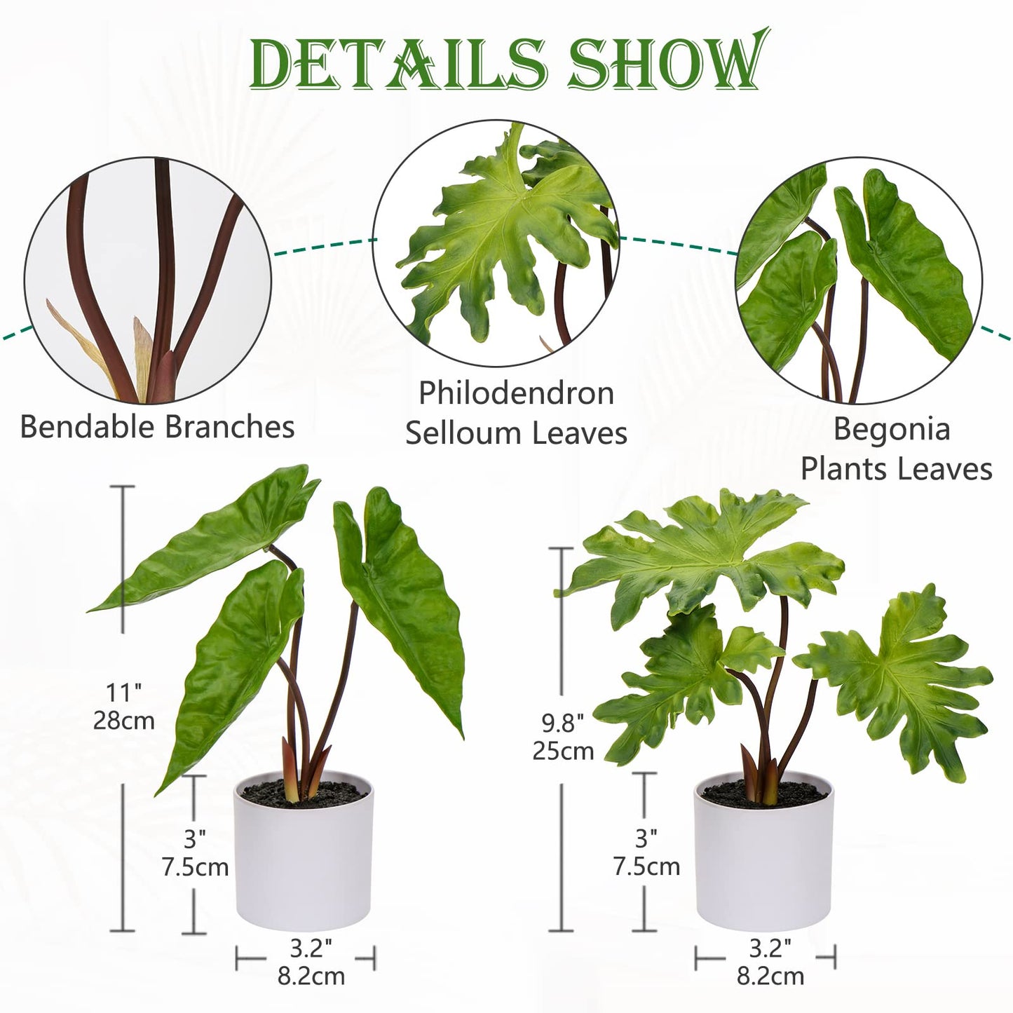 Hollyone Fake Plants Set of 2 Artificial Potted Plants Faux Plants Begonia Plants in White Pots Real Touch Leaves for Office Table Desk Shelf Bathroom Bedroom Greenery Decoration Home Indoor Decor