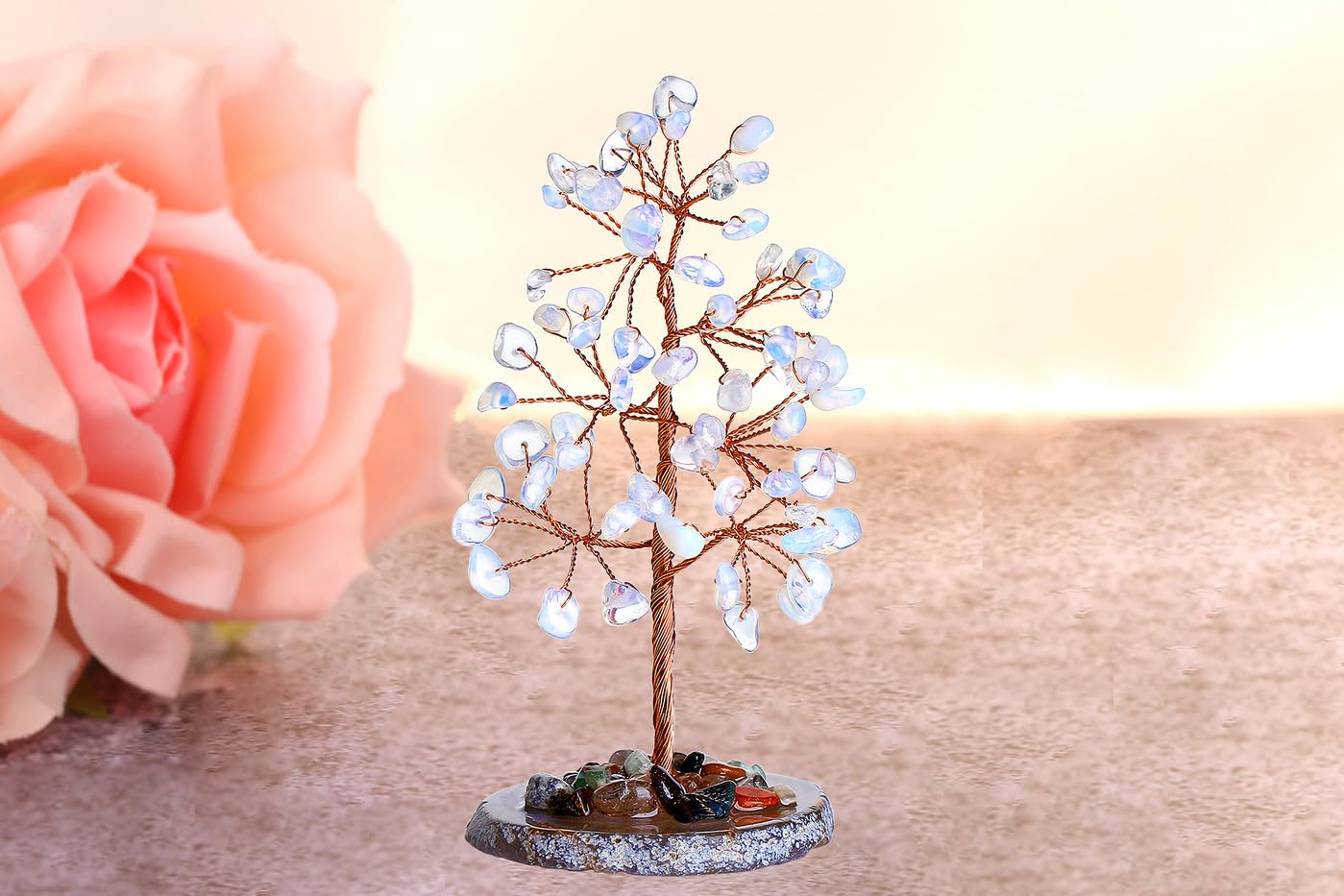 QINJIEJIE Opal Healing Crystals Natural Stone Decor Reiki Gemstone Tree Agate Slice Base Copper Wire Money Tree of Life White Opalite Home Office Decoration Spiritual Luck Gift for Women