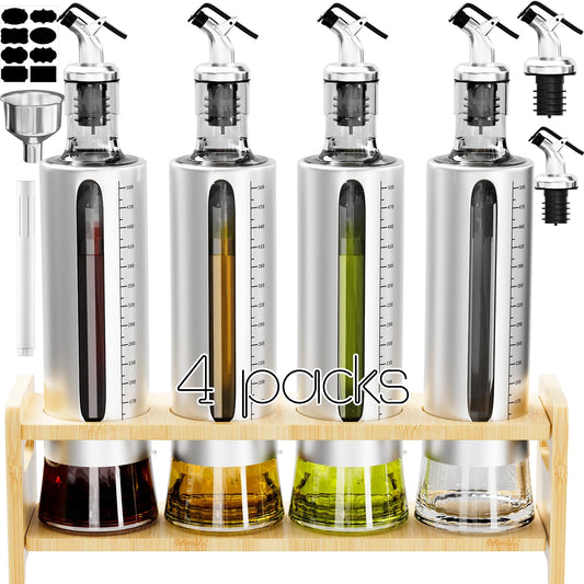 SINYWAY Oil Dispenser Bottle, 4 Pack Glass Olive Oil Dispenser Bottle with Shelf, 17oz/500 ml Oil and Vinegar Dispenser Set Wrapped in Stainless Steel Shell with Pourers, Funnel & Pen and Tags