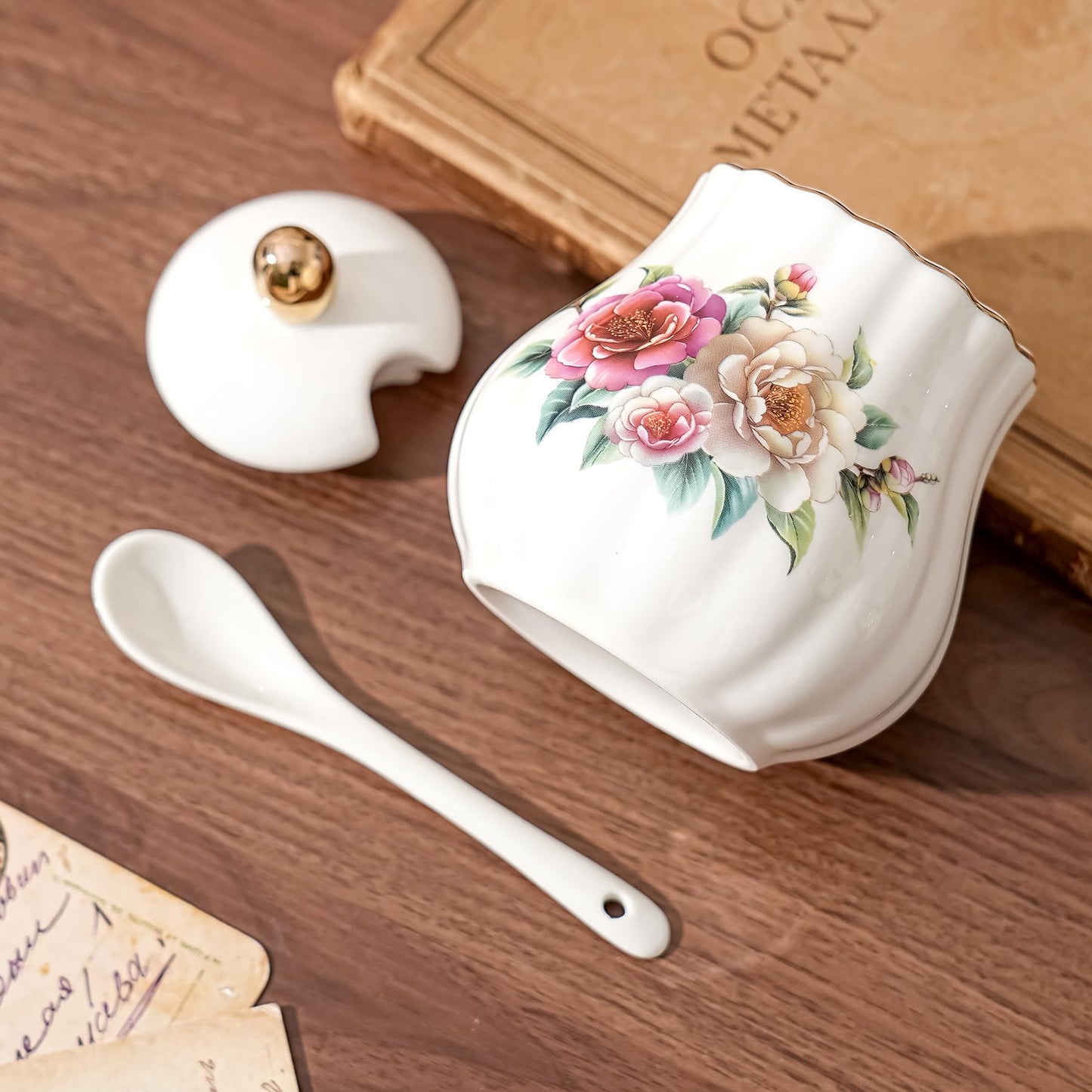 Cozierlavie Sugar Bowl with Lid and Spoon, 10.1oz Ceramic Sugar Jar for Salt，Coffee Bar, Home, Kitchen (Camellia)