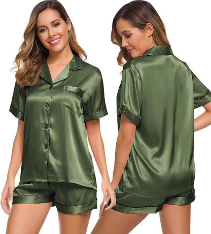 SWOMOG Womens Silk Satin Pajamas Set Short Sleeve Sleepwear Button Down Top and Shorts Loungewear 2 Piece Pjs Set XS-3XL