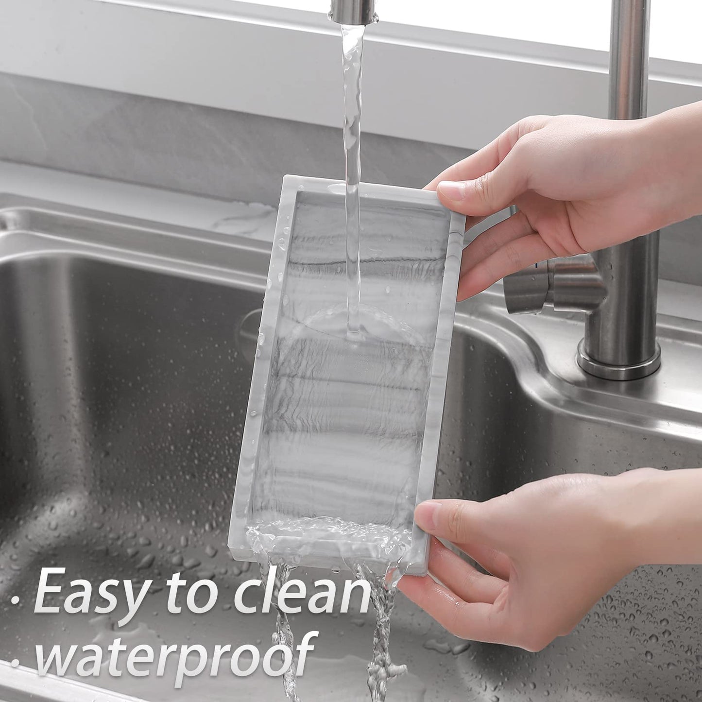 Silicone Bathroom Vanity Tray Dish Soap Holder Sink Organizer, Marble Grey