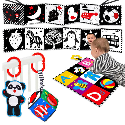 4 PCS Black and White High Contrast Baby Toys 0-3-6 Months Newborn Essential Montessori Toy for Babies Crinkle Sensory Book Brain Development Tummy Time Mirror Infant Carseat Rattle Easter Shower Gift