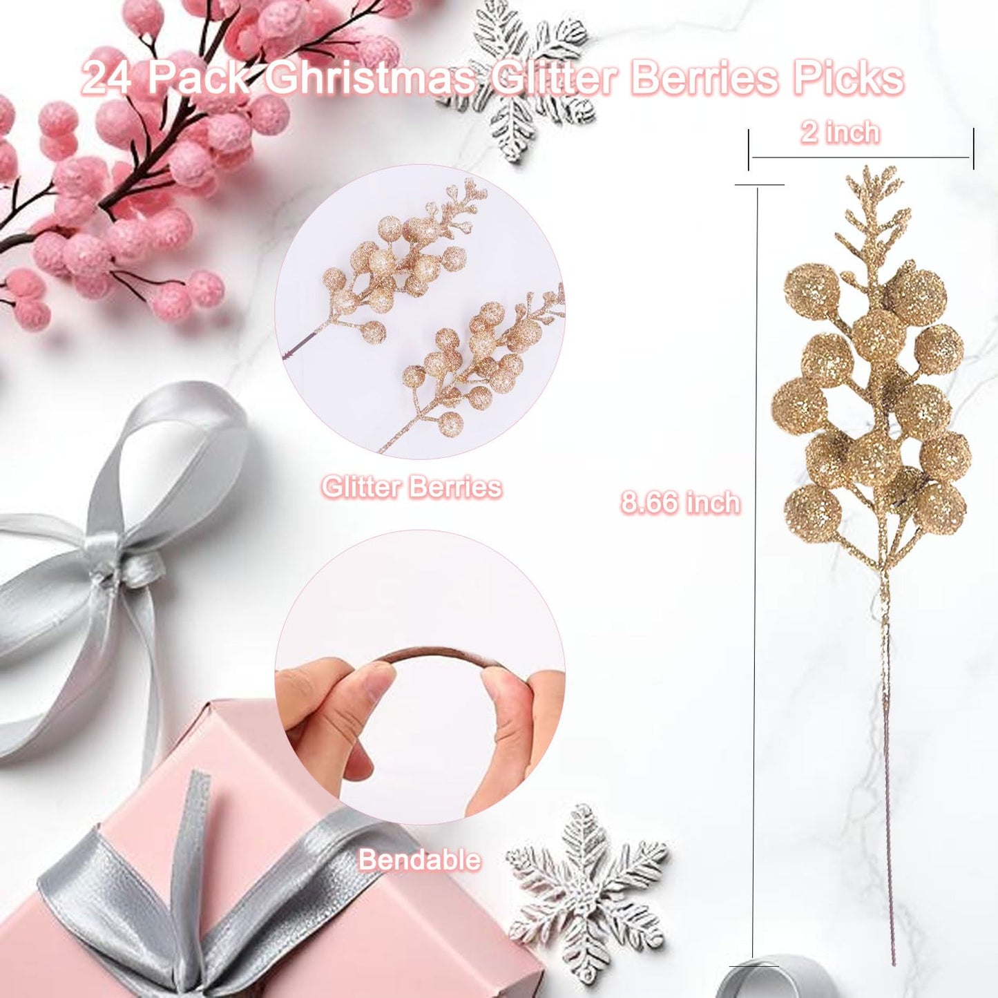 Uabwim 24 Pack Artificial Christmas Glitter Berries Stems Branches,Christmas Faux Holly Berries Branches Ornaments for Christmas Tree Wreath DIY Craft Decorations Holiday Home Decor(Champagne)