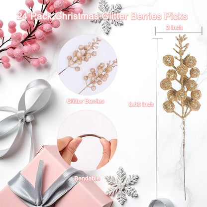 Uabwim 24 Pack Artificial Christmas Glitter Berries Stems Branches,Christmas Faux Holly Berries Branches Ornaments for Christmas Tree Wreath DIY Craft Decorations Holiday Home Decor(Champagne)
