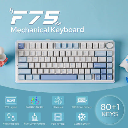 EPOMAKER x Aula F75 Gasket Mechanical Keyboard, 75% Wireless Hot Swappable Gaming Keyboard with Five-Layer Padding&Knob, Bluetooth/2.4GHz/USB-C, RGB (Light Blue, LEOBOG Reaper Switch)