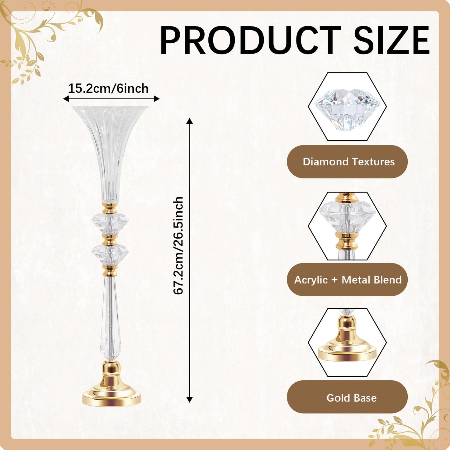 VIJIV Tall Crystal Acrylic Flower Vases for Centerpieces, 26.2" Large Clear Decorative Trumpet Vases, Wedding Flower Stand with Ribbed, Table/Floor Vase for Bridal Showers & Dining Room, Home Décor