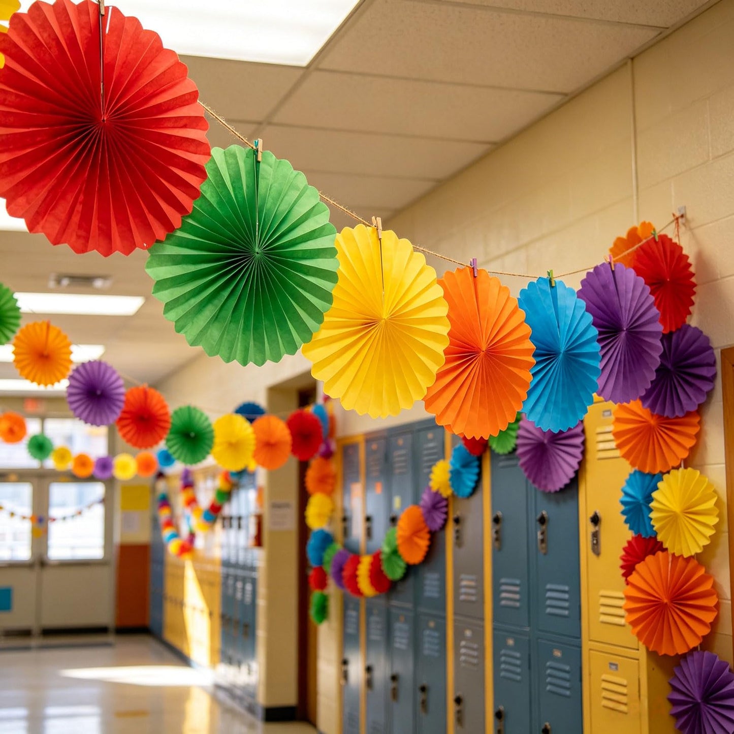 AimtoHome Rainbow Paper Round Fan Decorations,Vibrant Red Green Yellow Blue Orange Purple Hanging Fans, Fiesta Party Decor, Wedding Birthday Backdrop, Back to School Decor, Set of 12, 10", 12"