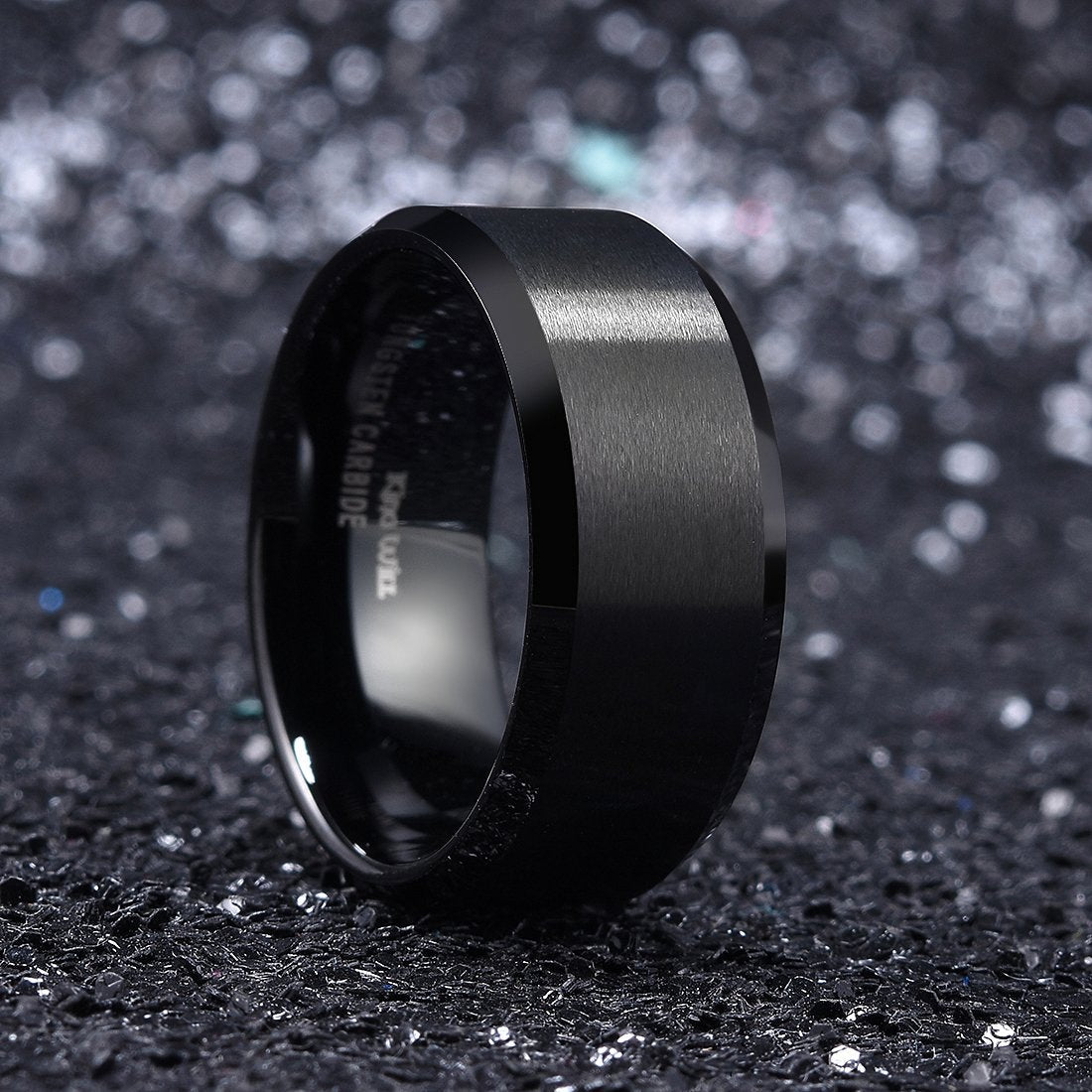 King Will 10mm Men's Black Wedding Ring - Brushed Matte Surface, Beveled Polished Edge, Comfort Fit Size 14