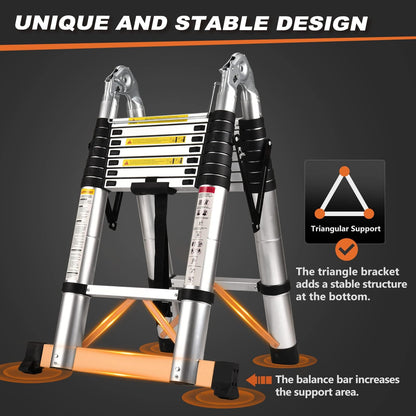 Telescoping Ladder A Frame, 16.5 Ft Compact Aluminum Extension Ladder, Portable Telescopic RV Ladder for Outdoor Camper Trips Motorhome with Tool Platform and Stabilizer Bar, 330 lb Capacity