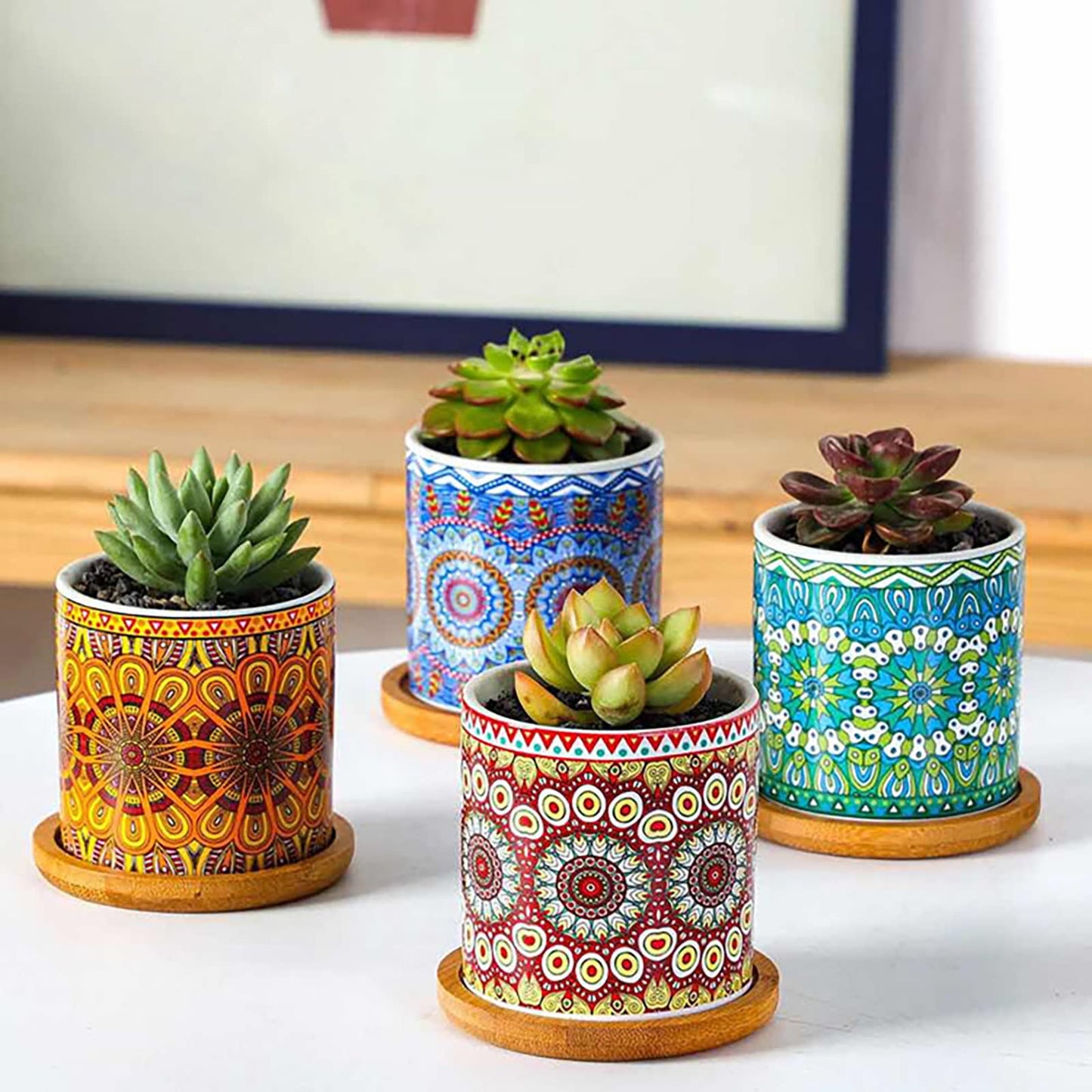 Yesland 4 Pack Succulent Plant Pots with Bamboo Tray, 3 Inch Ceramic Mandalas Pattern Cylinder Planter & Flower Pots with Drainage Hole, for Flowers, Cactus, Home, Garden, Office Decoration