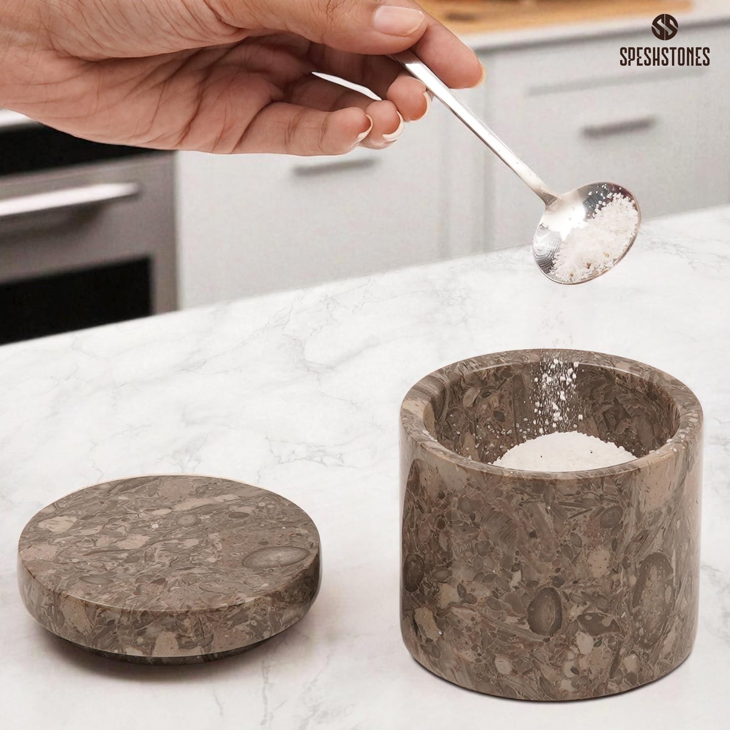SPESHSTONES Marble Salt Cellar 3 Inch Flaky Salt Containers for Countertop - Sugar Bowl With Lid, Salt Holder, Spice Jars, Salt Box for Seasoning Storage Container, Salt Dish for Kitchen Decor