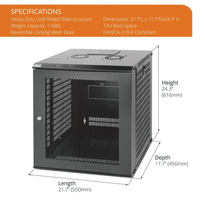 Tecmojo 12U Wall Mount Rack Network Cabinet for 19” IT Equipment,with Lockable Mesh Door and Removable Side Panels,Cooling Fan,Black,17.7inch Deep
