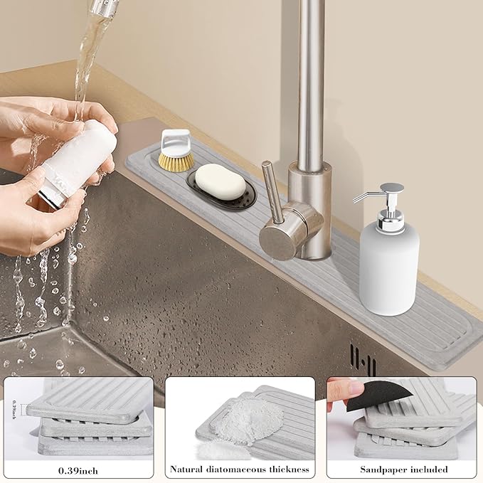Stone Faucet Mat for Kitchen Sink, 15.7" Diatomite Drying Stone Kitchen Sink