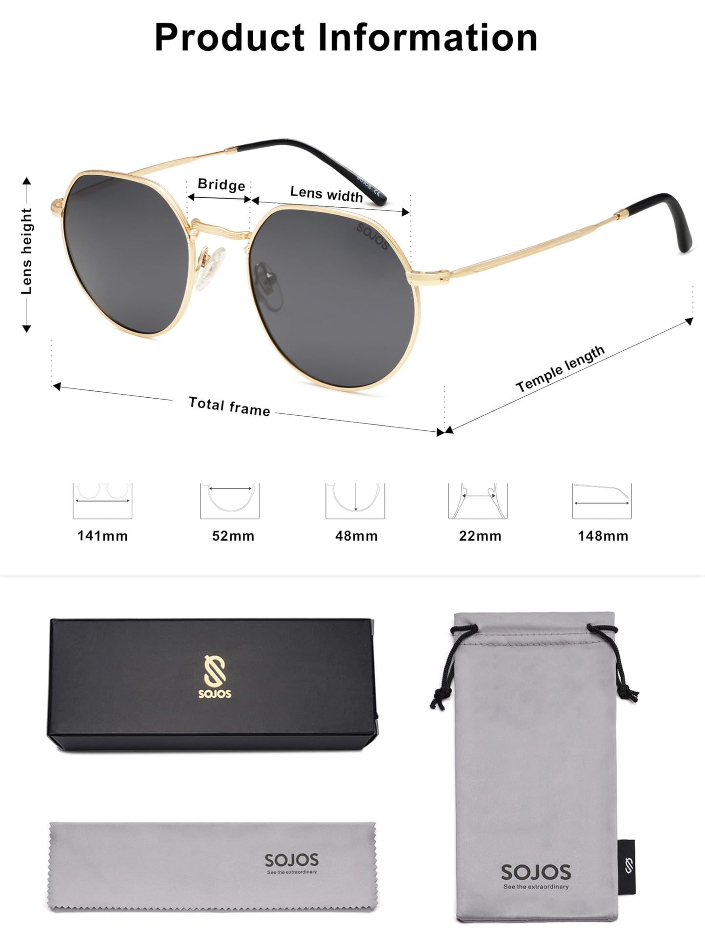 SOJOS Round Polygon Polarized Sunglasses for Women Men Retro Classic Vintage Panto Shades SJ1157