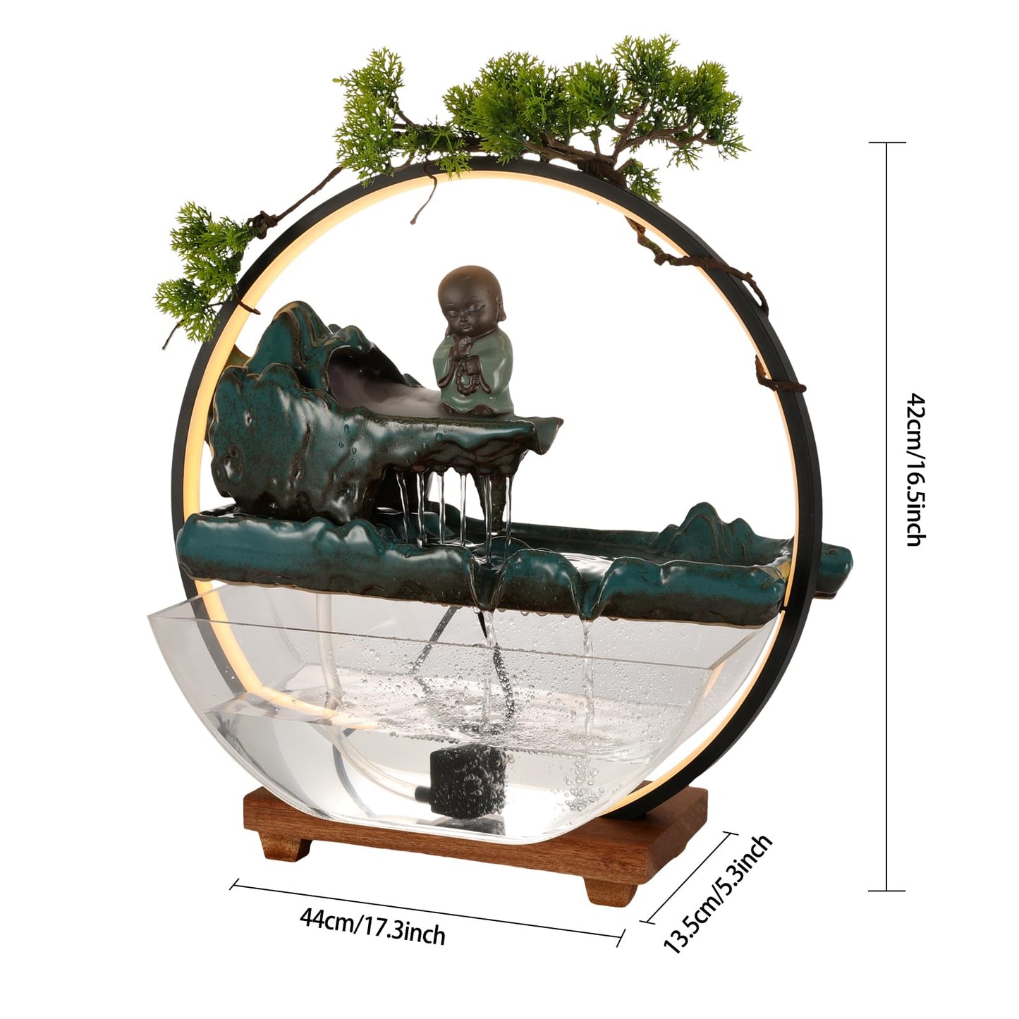 Unnsiapit Tabletop Water Fountains, H16.5in Indoor Waterfall Clear Fish Tank with LED Light & Mist, Backflow Incense Holder Feng Shui Decor for Meditation Entrance, Fish Tank Size L17.3*W5.3in