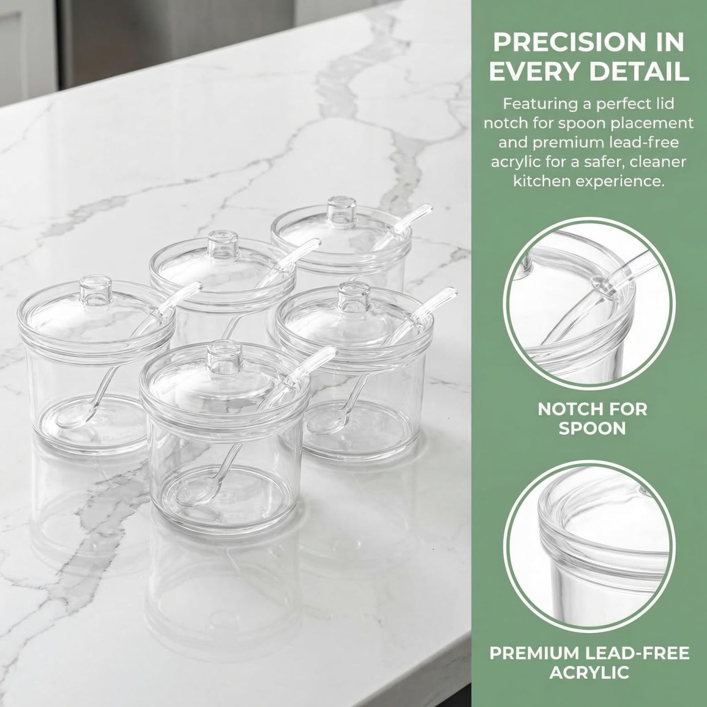 ZEAYEA Set of 6 Clear Acrylic Sugar Bowl, 14 oz Seasoning Box Condiment Pots with Spoon and Lid, Sugar Spice Salt Canister for Home Kitchen, Coffee Bar, Restaurant