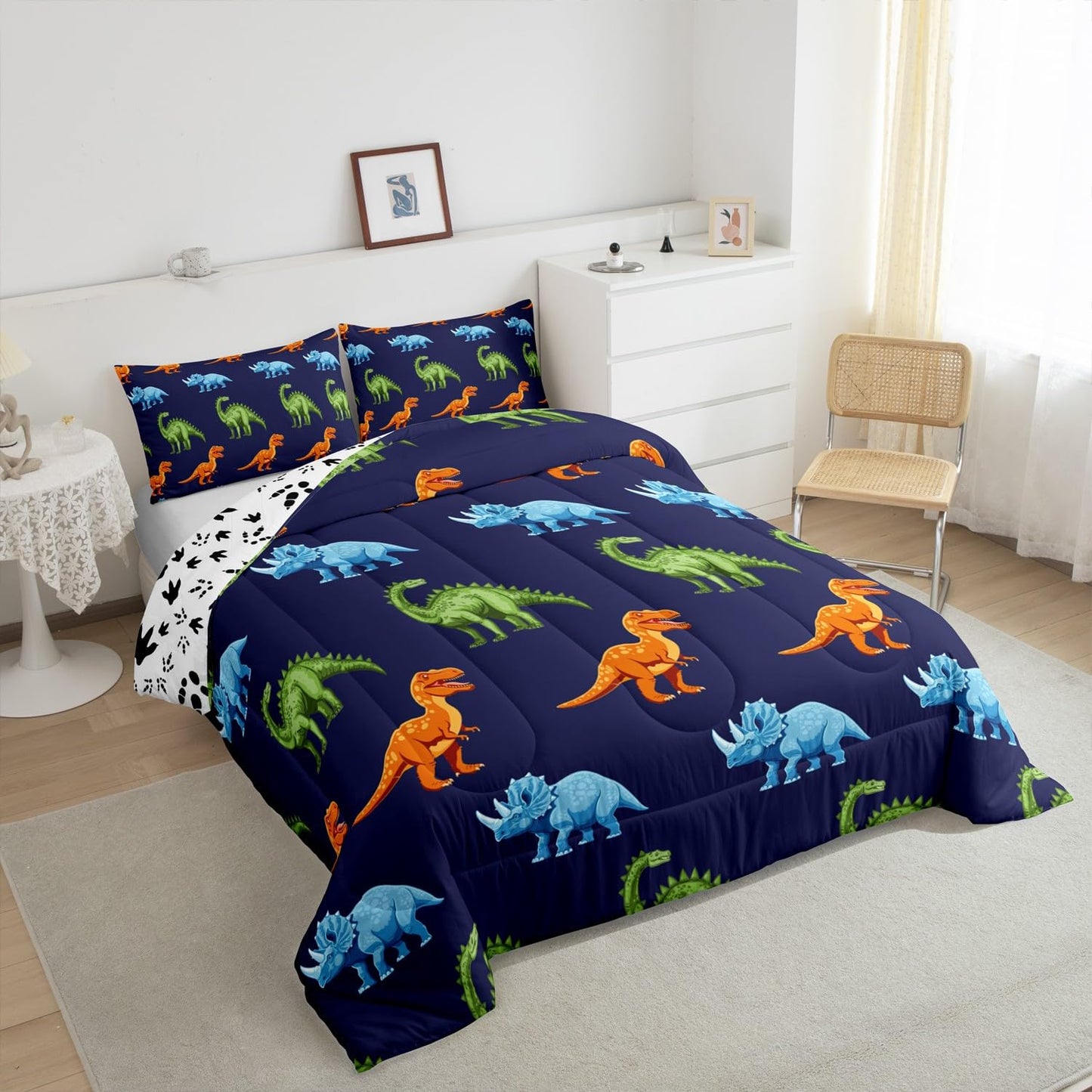 Feelyou Cartoon Dinosaur Bedding Set Twin, Dark Blue Dinosaur Comforter Set for Kids Dinosaurs Print Comforter Boys Girls Jungle Dino Duvet Set Breathable Bedroom Decor with 1 Pillow Case