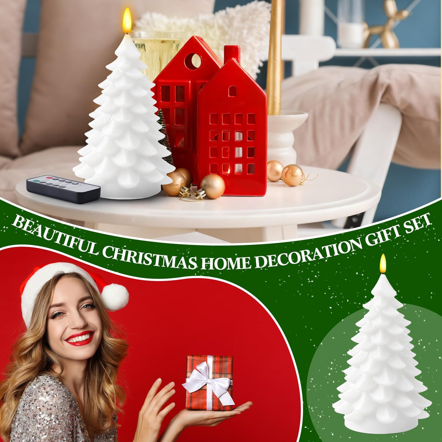 Aurelema 2 Pack 8" Large Christmas Tree Flameless Candle with Remote Timer, Large Real Wax Battery Operated Pillar Candle, 3D Wick LED Flickering Candles for Xmas Party Home Dinner Decor(White)
