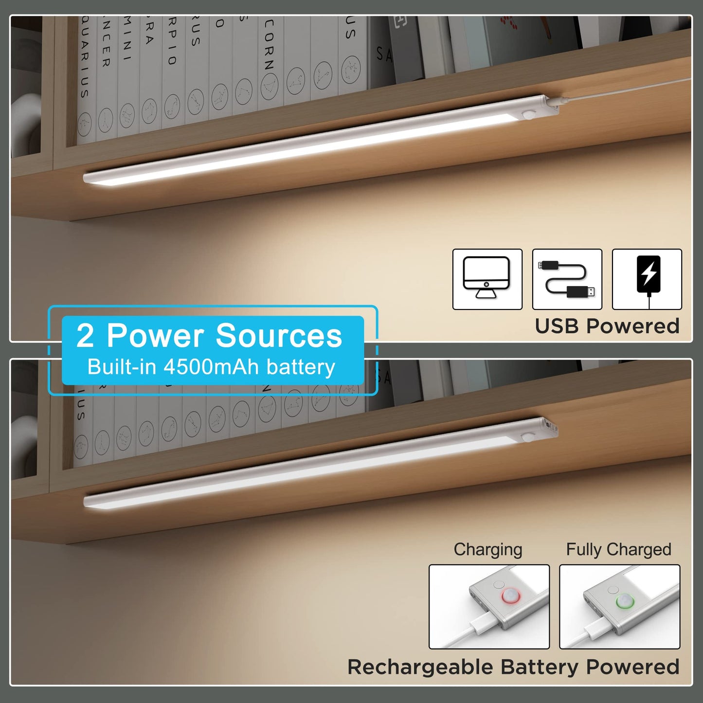 SOAIY LED Dimmable Under-Unit Light 60 cm Kitchen Lamp 4500 mAh Rechargeable Cabinet Lighting with Motion Sensor 3 Light Heat 2700 K - 6500 K Magnetic Light Strip for Kitchen Cabinet Wardrobe Bathroom