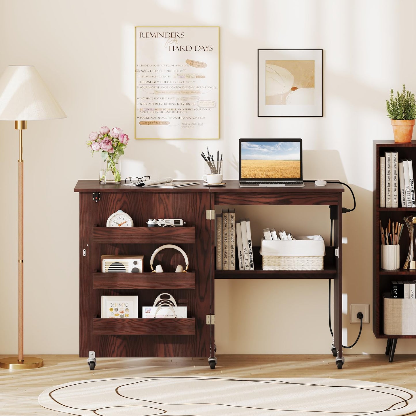 Nightcore Folding Sewing Table, Multipurpose Craft Table with Charging Station, Lockable Casters, Rack and Storage Shelves, Space-Saving Cart, Sewing Desk Cabinet for Living Room Home Studio