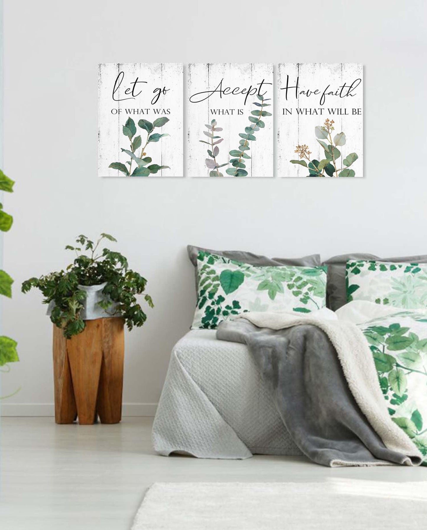 1 KINGO Inspirational Quotes Office Wall Art: Let Go Accept Have Faith 3 Piece Motivational Posters Boho Eucalyptus Picture Print Home Decor for Bedroom Bathroom 12x16