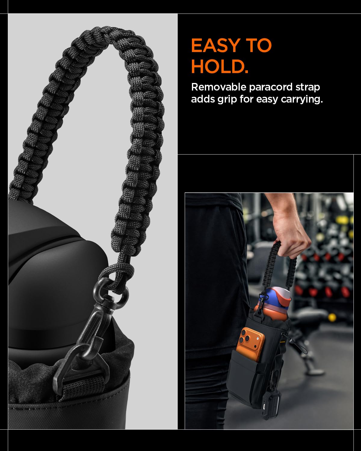 Spigen Life Magnetic Gym Bag for Men Tumbler Carrier Holder Bag for 20oz–40oz Water Bottles w/Molle System, Phone Pocket, Drawstring/Cord Lock, D-Ring Strap, Waterproof – Black