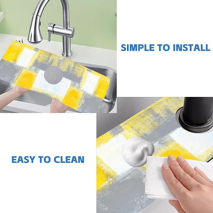 Grey and Yellow Abstract Kitchen Sink Splash Guard Mat Absorbent Fast Drying