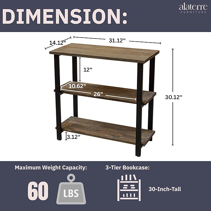 Alaterre Furniture Pomona Living Room 3-Tier Solid Wood Under-Window Bookshelf