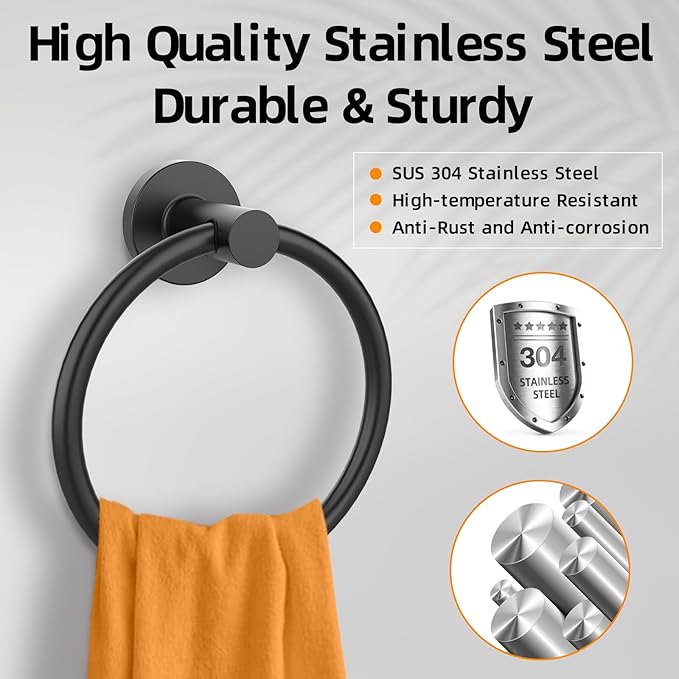Matte Black Towel Ring 2Pack, SUS304 Stainless Steel Hand Towel Holder
