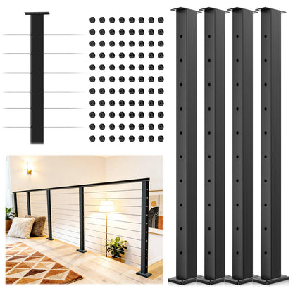 Gyykzz Black Cable Railing Post 36 Inch, 4 Pack Level Drilled Flat Top Railing Posts, Surface Mount T304 Stainless Steel Deck Wire Railing Posts for Indoor Outdoor Cable Railing System Kit